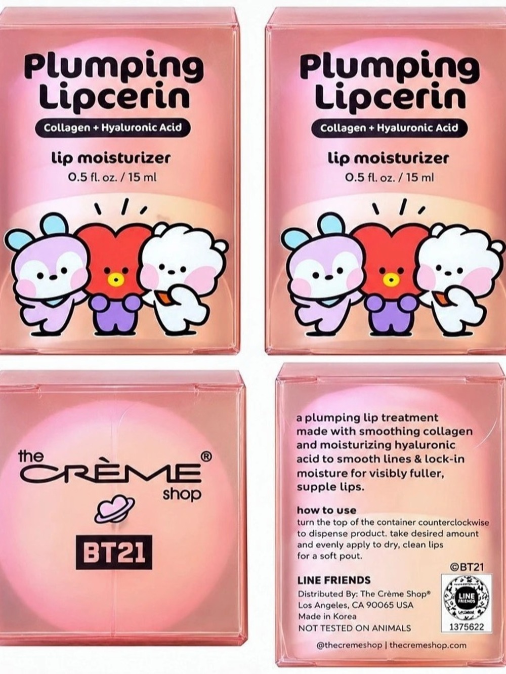 Set of 2 The Crème Shop BT21 Plumping Lipcerin Lip Moisturizer Pink set of 2